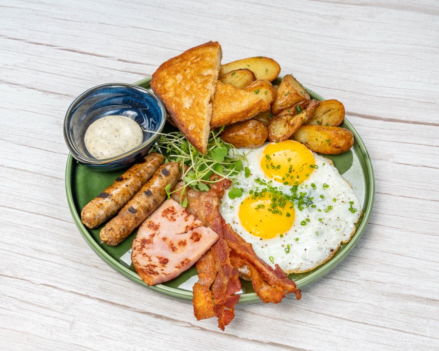 Late for Breakfast plate with eggs, bacon and potatoes