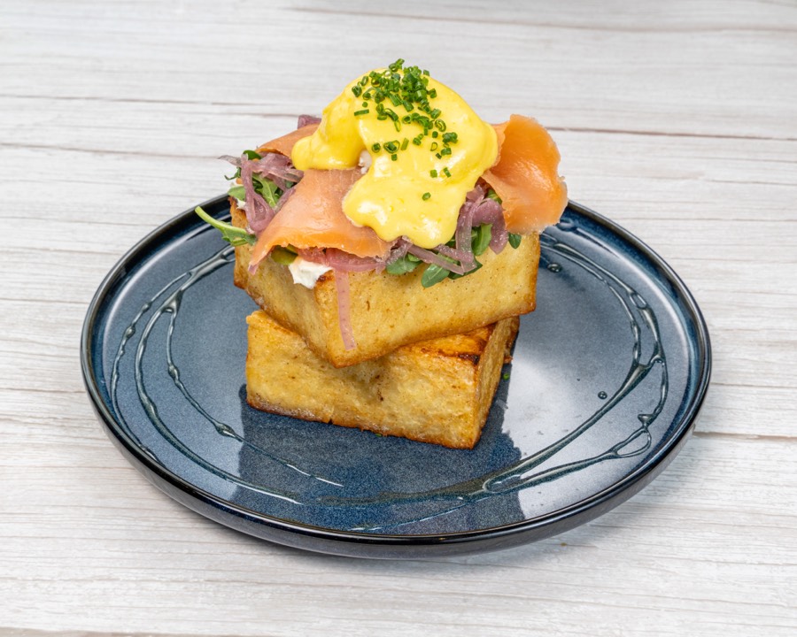 Ocean French Toast with smoked salmon and poached egg