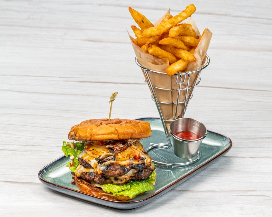 Madness Burger with double patty and fries